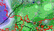 mittlere Jahresmengen des Niederschlags 1961-1990 im Süden Brandenburgs, hellgrün: wenig Niederschlag, blau/violett: höhere Summen
